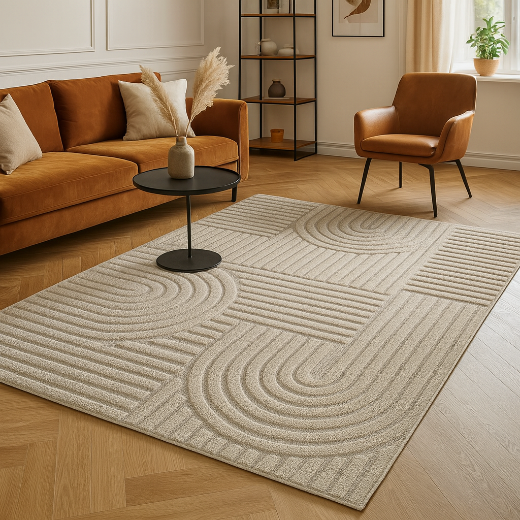 Beige high pile boho rug with 3D geometric design in a modern living room with orange sofa and armchair.