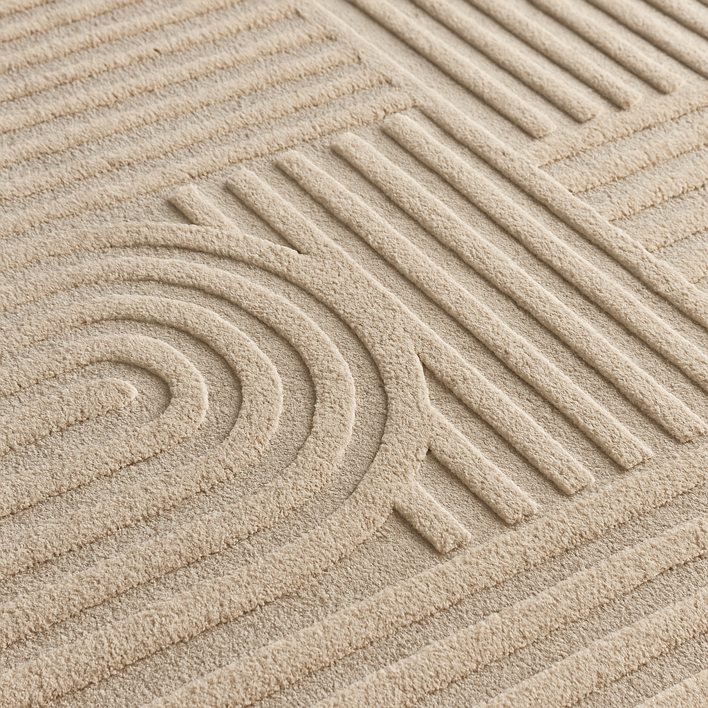 Close-up of a beige boho rug showing 3D geometric texture with raised lines and curves.