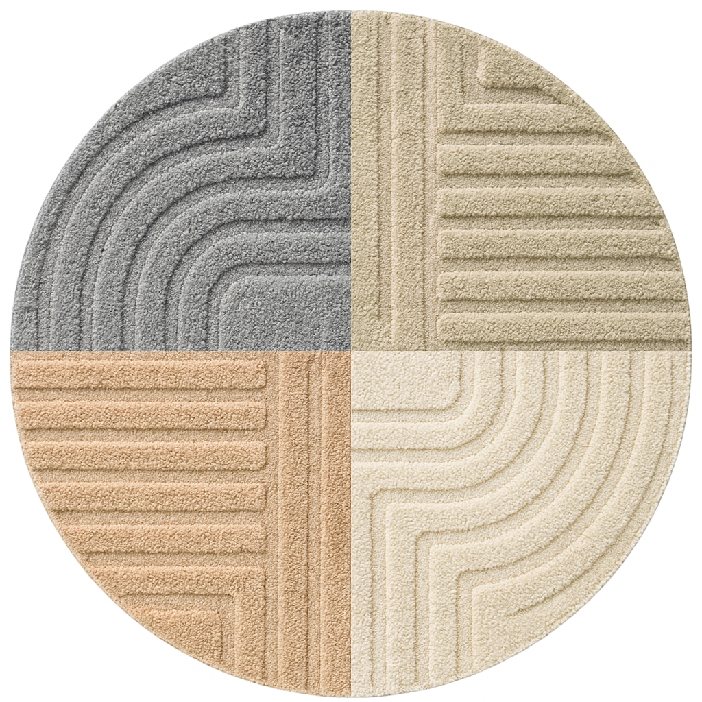 Circular swatch showing four available colors of the SIMPEX boho rug with 3D geometric design: grey, beige, taupe, and cream.
