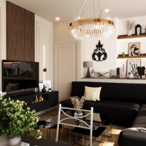 Livingroom decor with black sofa, gold chandelier, TV wall with wood paneling, and styled open shelves in a modern apartment.