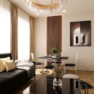 Livingroom decor with modern dining table, wall art, and a vertical wood panel with LED lighting beside beige curtains.