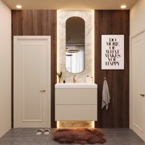 Elegant beige sink unit with marble wallpaper, warm backlighting, tall mirror, and inspirational wall art in a redesigned gemeente apartment bedroom in the Netherlands.