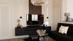 Modern livingroom decor with a black TV console, warm lighting, and elegant wall panels in a neutral palette.