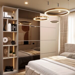 Bedroom with IKEA PAX wardrobe featuring sliding mirrored doors and built-in open shelf unit with ambient lighting, next to a beige upholstered bed.