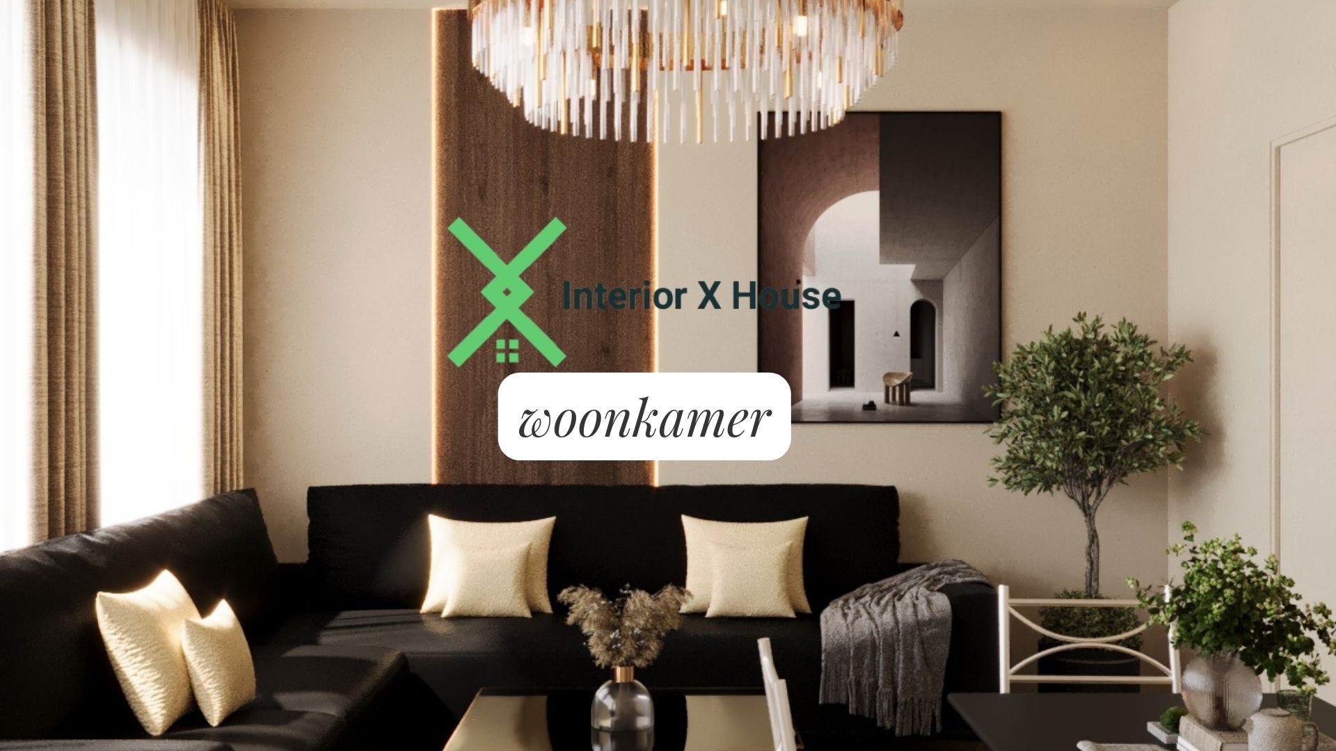 Modern livingroom decor with black sofa, neutral cushions, indoor plants, and wall art in a Dutch gemeente apartment.