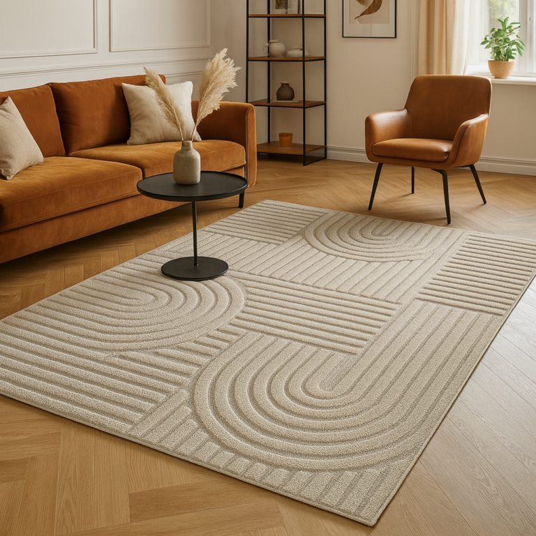 Beige high pile boho rug with 3D geometric design in a modern living room with orange sofa and armchair.